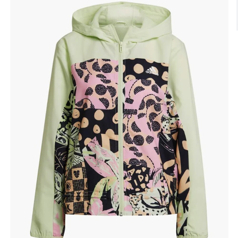 FARM RIO x adidas Recycled Polyester Hooded Green Jacket Windbreaker XL Like New